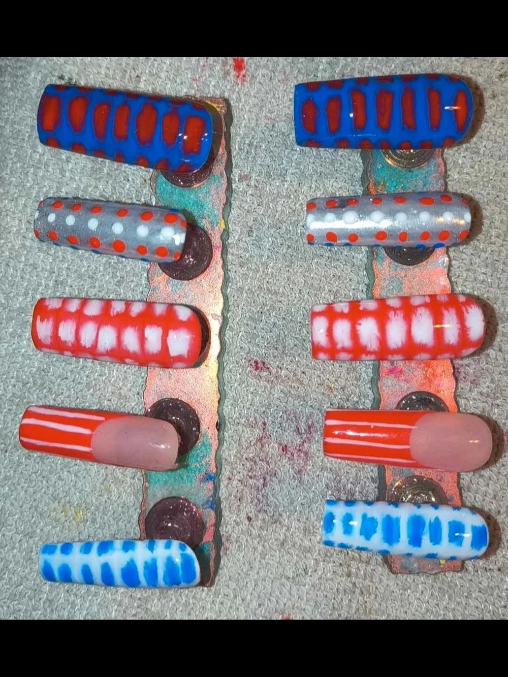 Hand-Painted Red, Blue and White Nail Art Tips Set